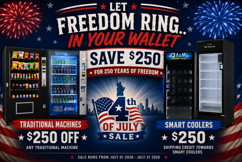 A&M Equipment Sales 4th of July sale: $250 off traditional vending machines and $250 shipping credit on smart coolers, July 1–31, 2026 A&M Equipment Sales 4th of July sale: $250 off traditional vending machines and $250 shipping credit on smart coolers, July 1–31, 2026