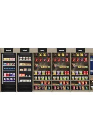 Three Square Market Large micro market bundle with Go Max 43 inch kiosk, two coolers, freezer and slatwall merchandisers
