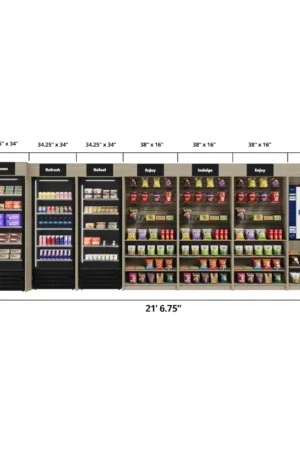 Three Square Market Large micro market bundle dimensions, 21 ft 6.75 in wide by 7 ft 4 in tall
