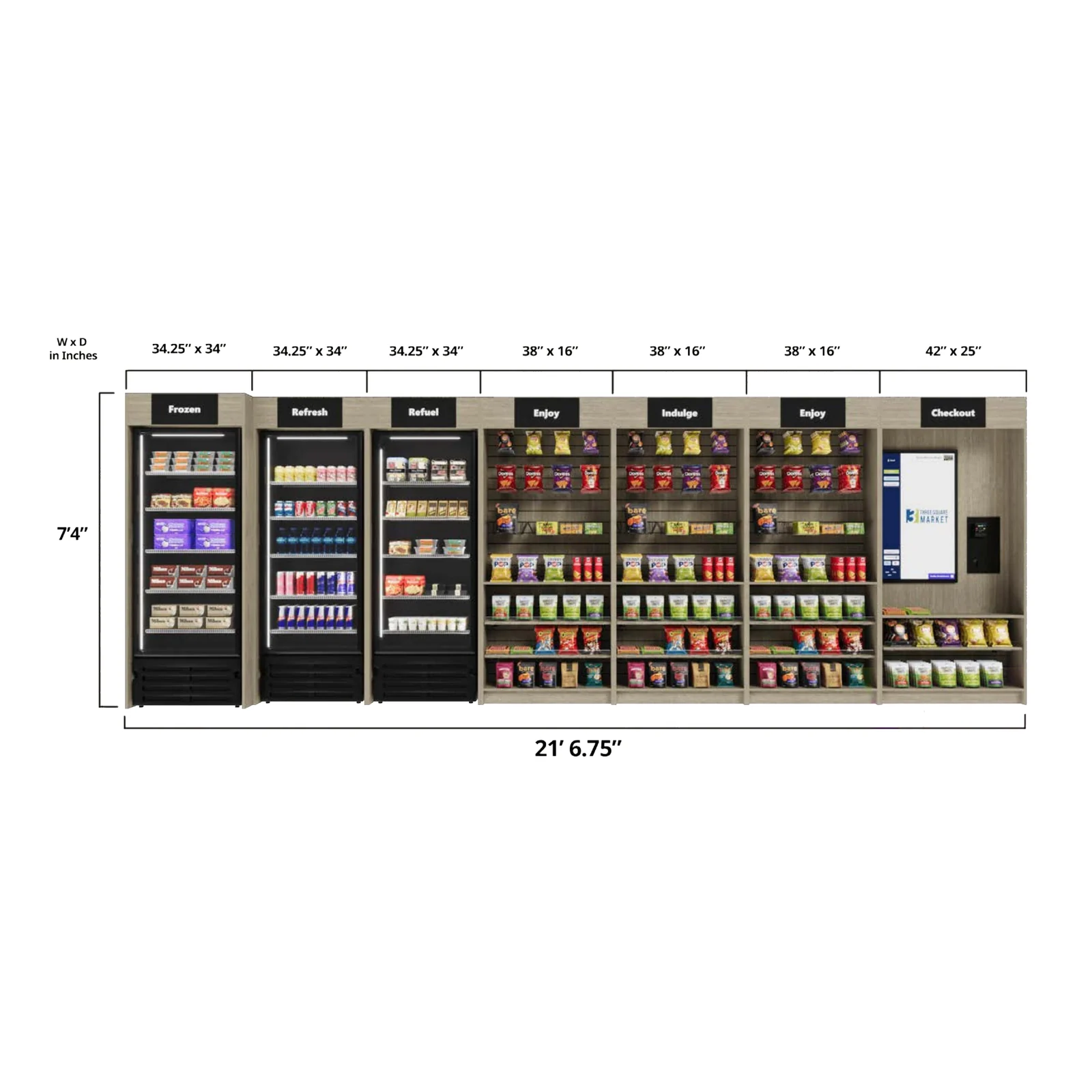 Three Square Market Large micro market bundle dimensions, 21 ft 6.75 in wide by 7 ft 4 in tall