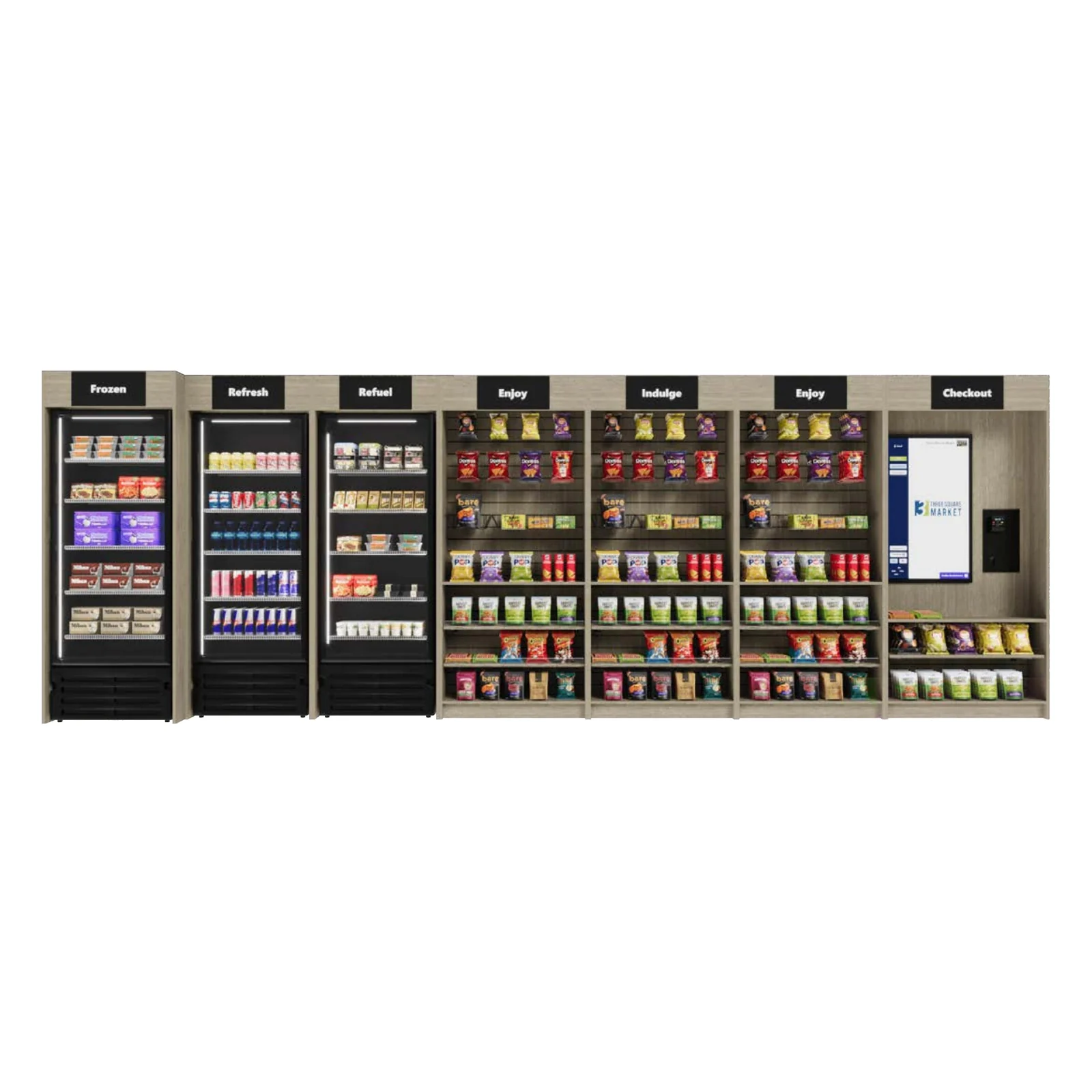 Three Square Market Large micro market bundle with Go Max 43 inch kiosk, two coolers, freezer and slatwall merchandisers