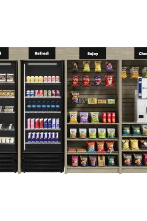 Three Square Market Medium micro market bundle with Go Plus 100B kiosk, two coolers, merchandiser and checkout fixture