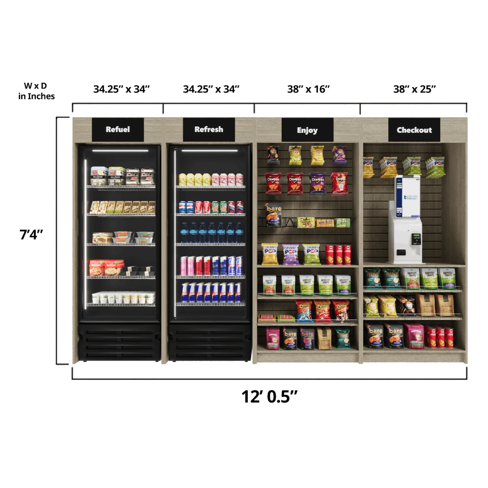 Three Square Market Medium micro market bundle dimensions, 12 ft 0.5 in wide by 7 ft 4 in tall