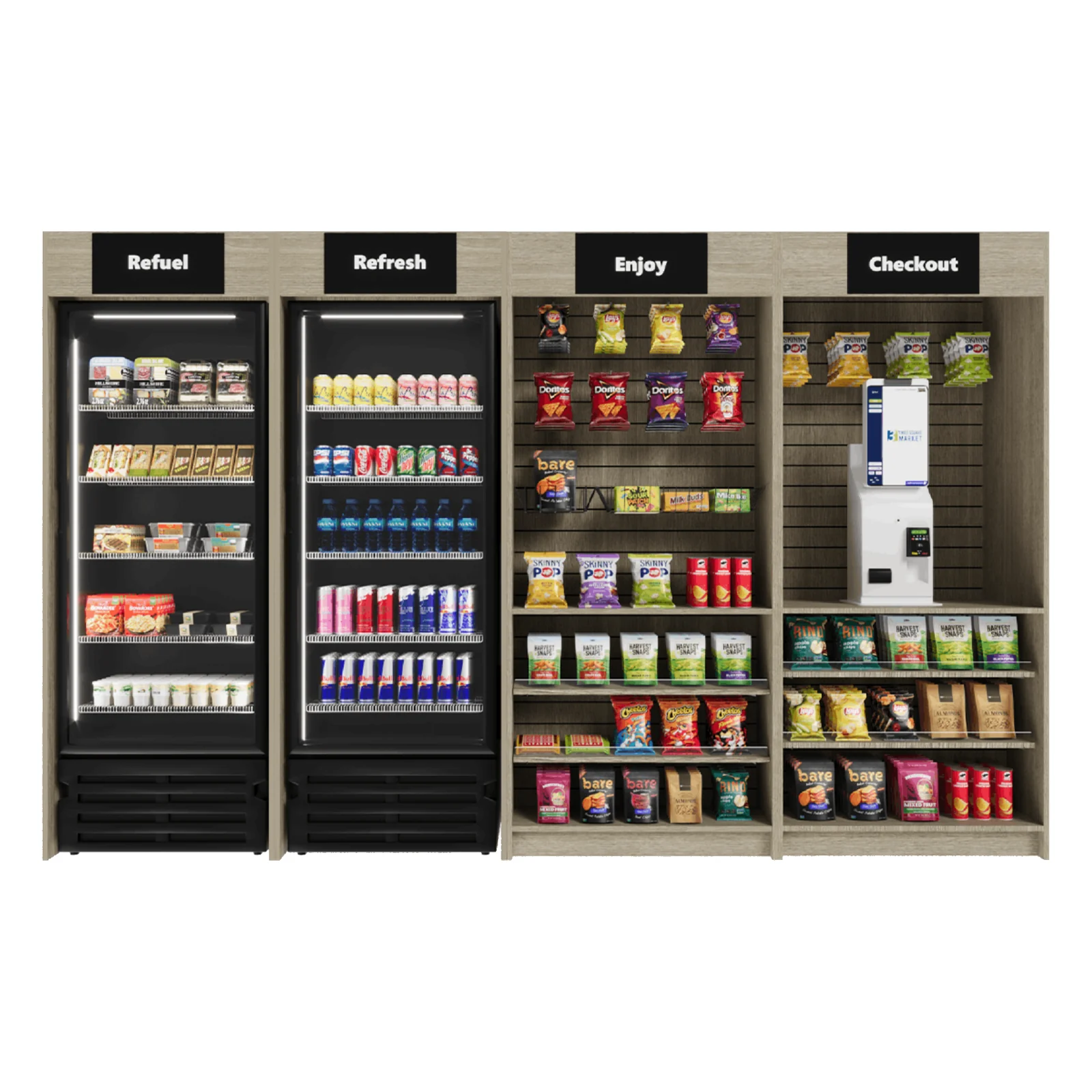 Three Square Market Medium micro market bundle with Go Plus 100B kiosk, two coolers, merchandiser and checkout fixture