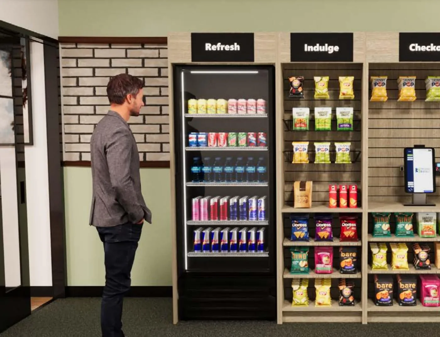 Shopper browsing a Three Square Market micro market with a drink cooler, slatwall snack fixtures and self-checkout kiosk