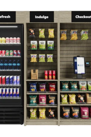 Three Square Market Small micro market bundle with Go Minix kiosk, slatwall merchandiser, checkout fixture and cooler