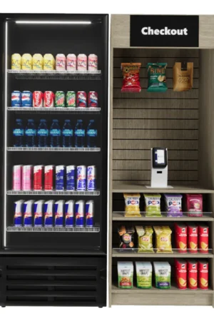 Three Square Market Starter micro market bundle with Go Micro kiosk, checkout merchandiser and single-door cooler